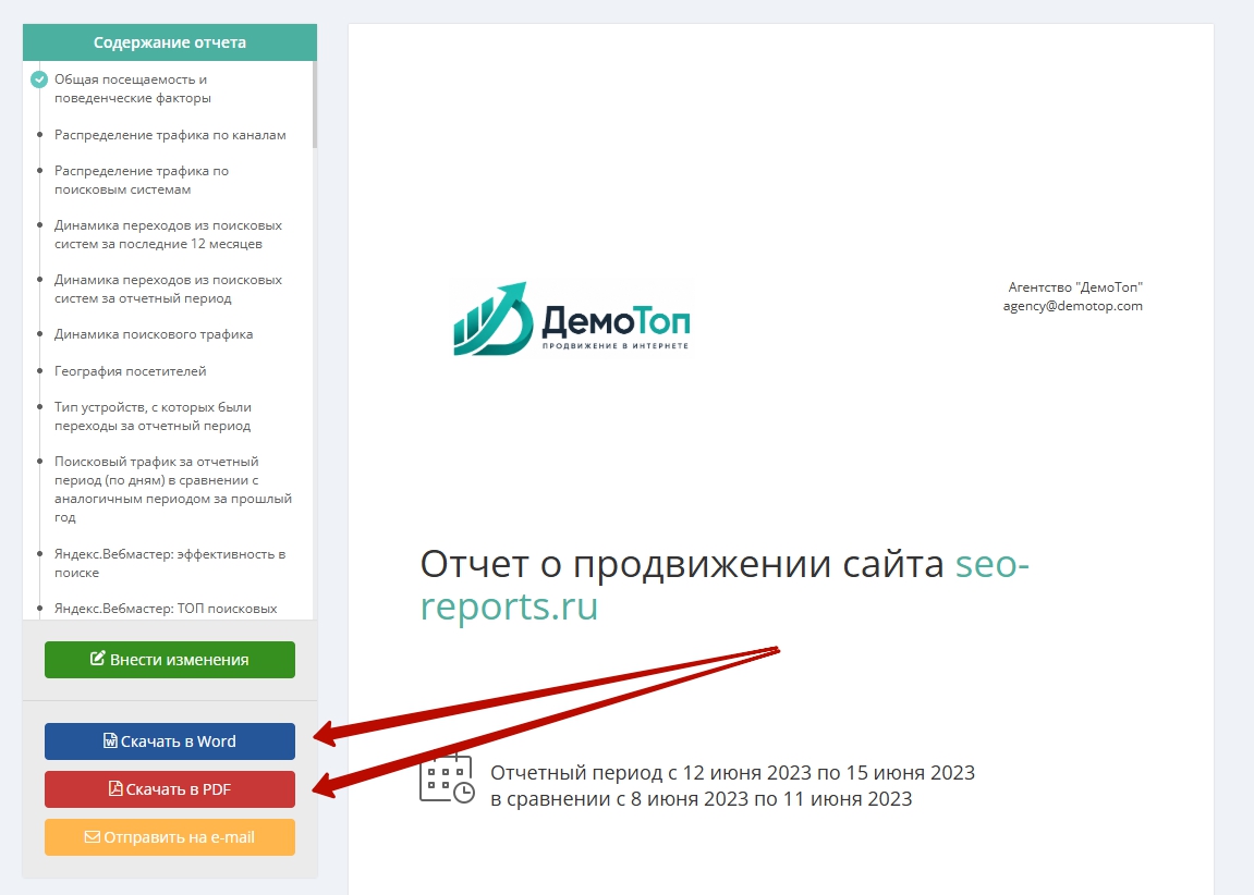 Готовый отчёт с кнопками выгрузки в Word и PDF.