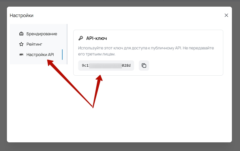 Раздел «Настройки API» в TOOLZAR с ключом доступа к публичному API.